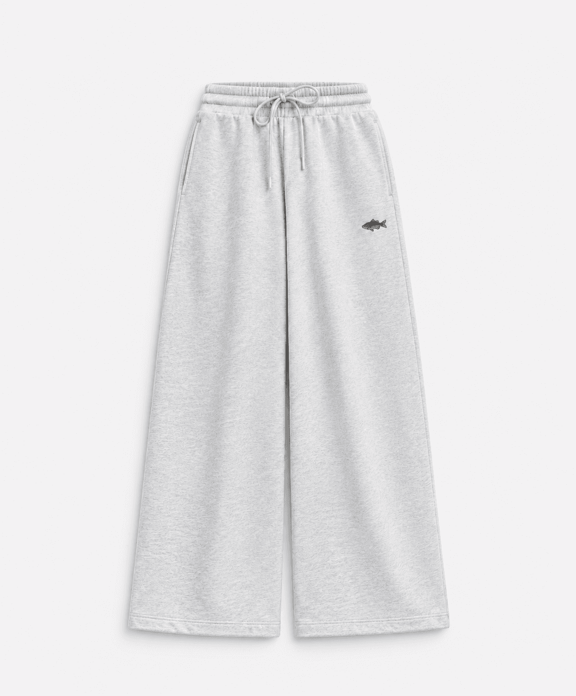Lichtgrijze wide-leg joggingbroek met elastische taille, trekkoord en een klein geborduurd visje op de pijp