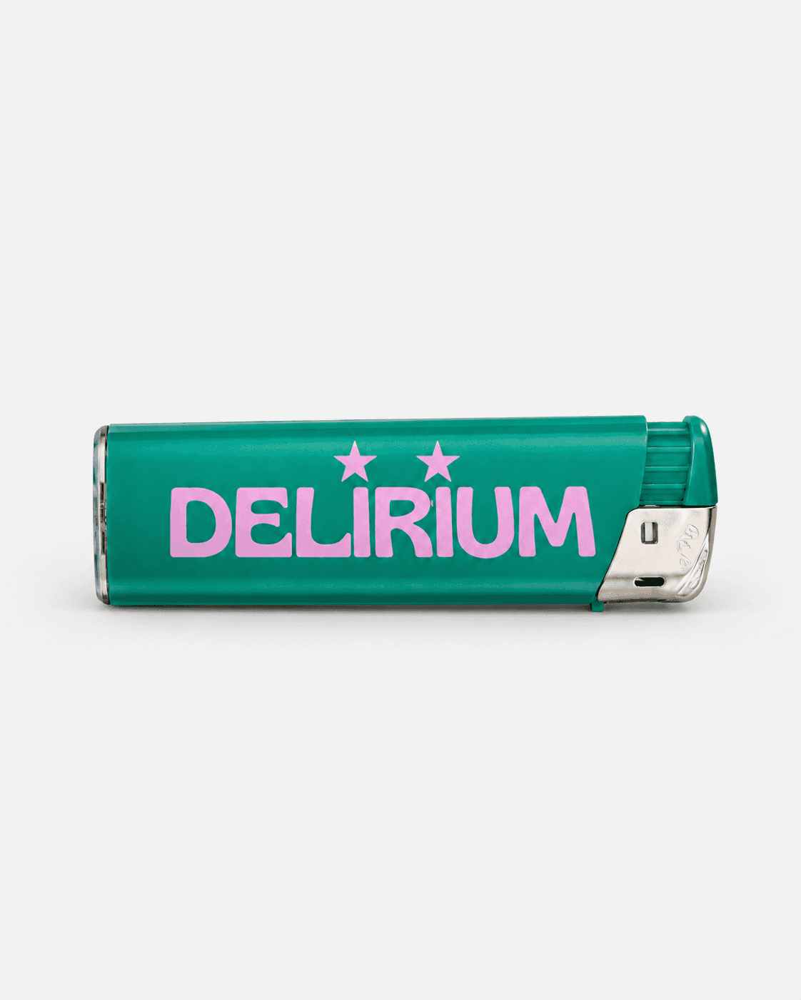 Groene aansteker met roze tekst DELIRIUM en twee sterren erboven