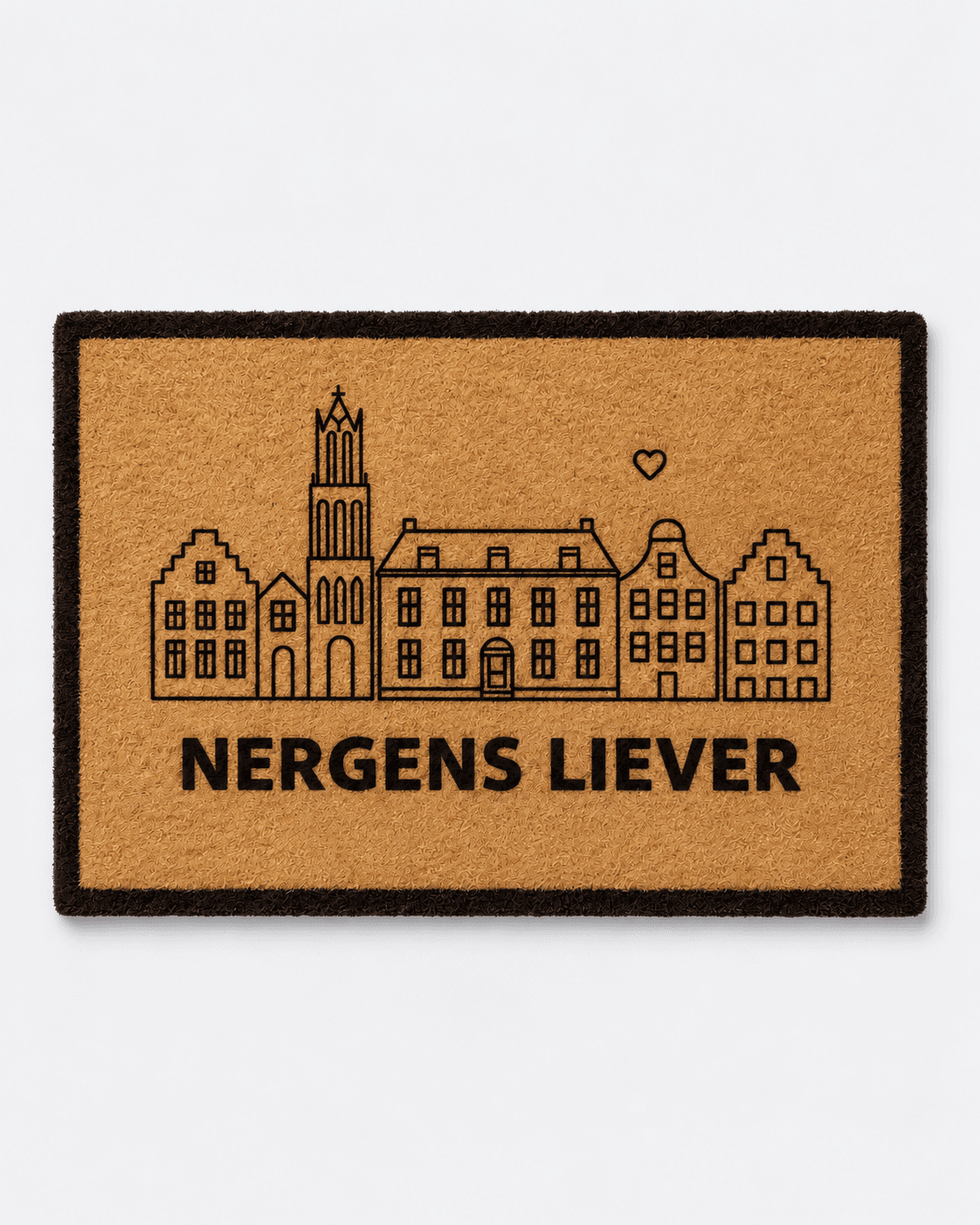 Lichtbruine deurmat met zwarte rand, gevels, een hart en tekst NERGENS LIEVER