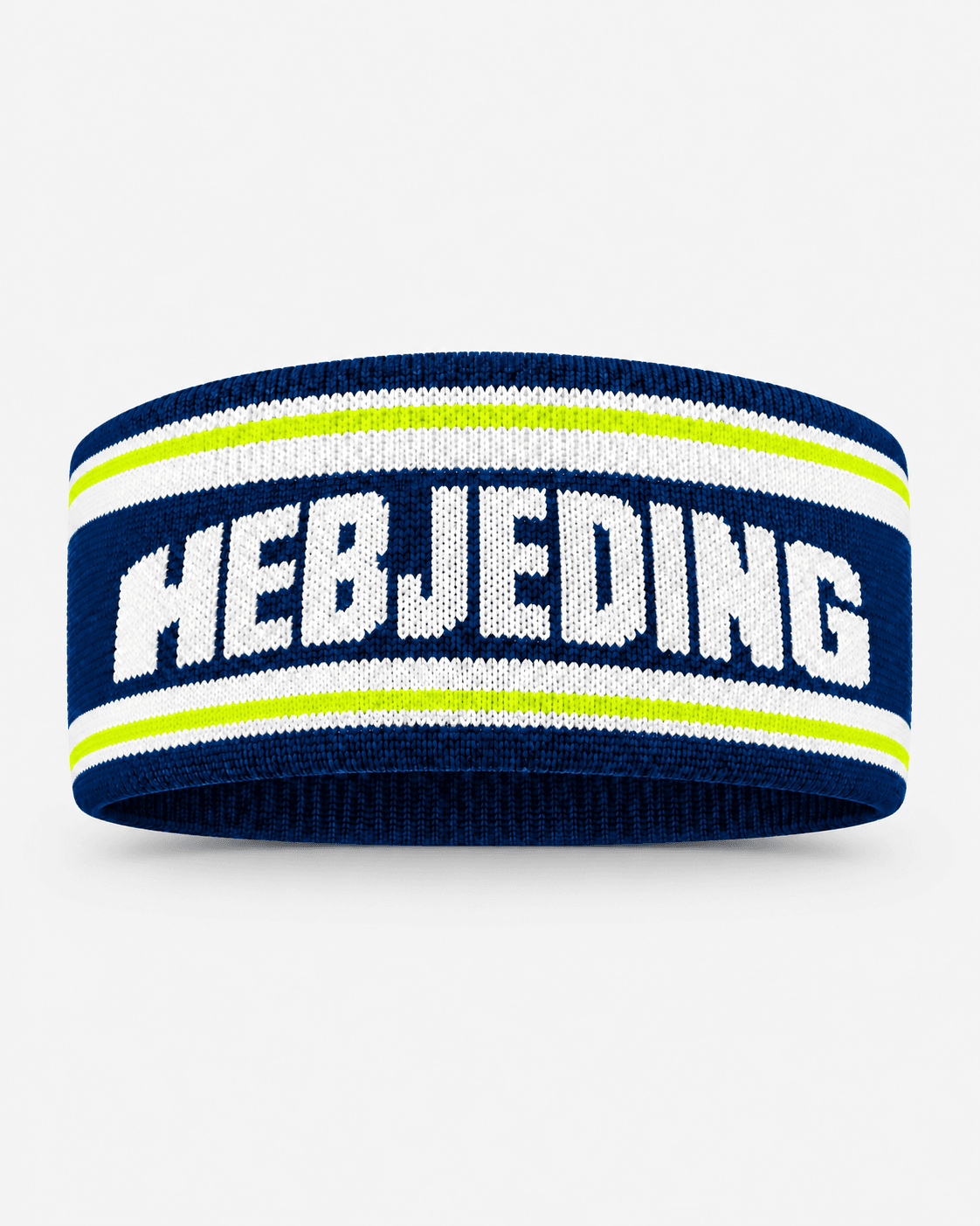 Donkerblauwe haarband met witte tekst HEBJEDING en limegroene en witte strepen